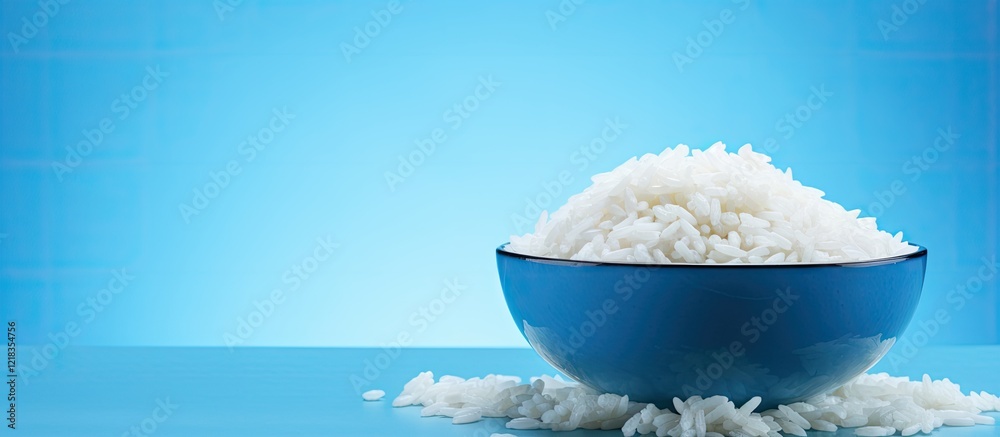 Poster delicious boiled rice piled high in a dark blue bowl resting on a vibrant blue backdrop with a smoot