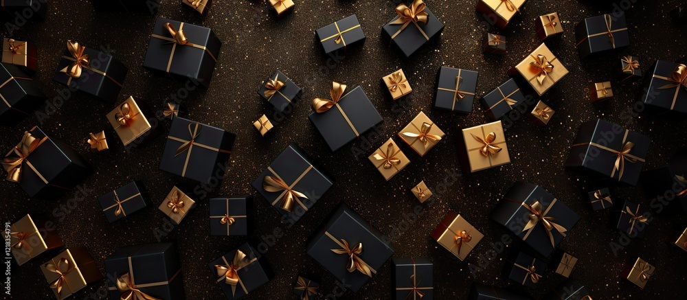 Poster top down view of assorted black and gold gift boxes and christmas toys arranged on a dark golden bac
