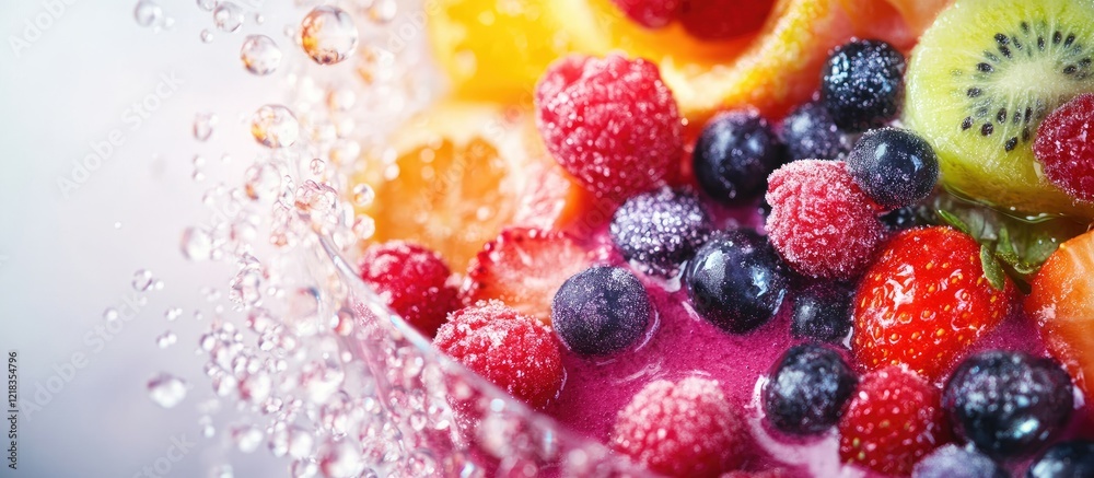 Poster vibrant close-up of assorted fresh fruits including raspberries, blueberries, and kiwi in a bowl wit