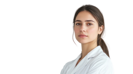 Confident young female professional in a white coat, showcasing expertise and dedication in her field. Perfect for health and wellness themes.