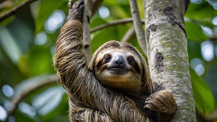 Fototapeta premium Sloth Climbing a Tree: A Steady and Slow Journey Up