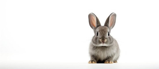Obraz premium Cute baby rabbit with short grey fur sitting centrally on a bright white background providing ample empty space for additional graphics.