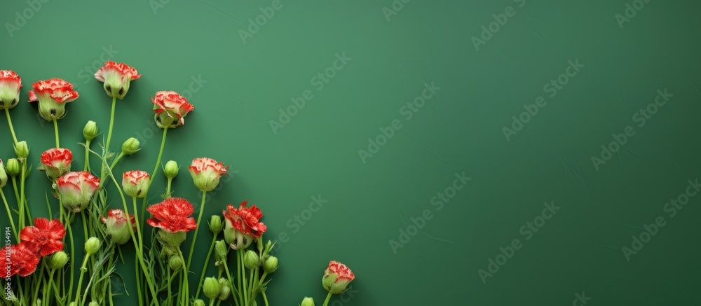 Poster Carnations with green stems arranged at the bottom left on a solid green background creating a fresh and vibrant copy space for design use.