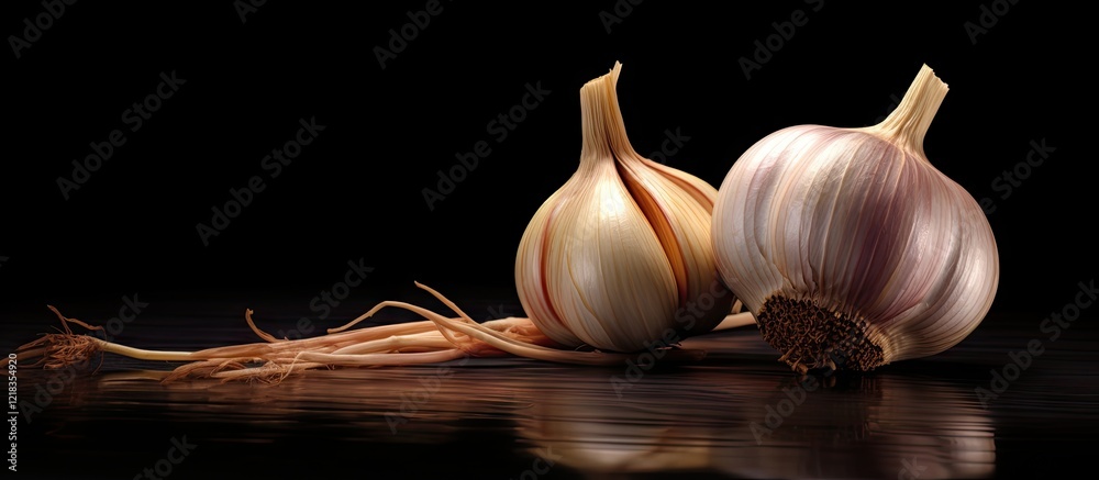Aufkleber close up of garlic bulbs with a glossy surface on a dark reflective background showcasing textures a
