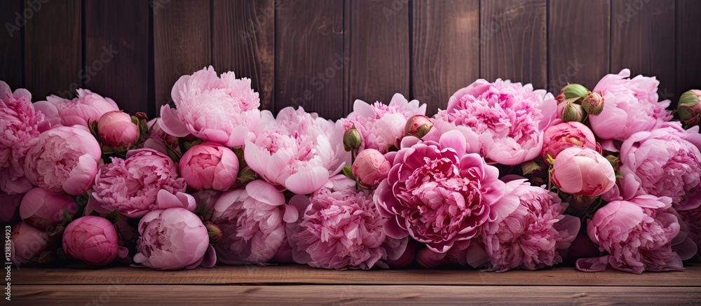Poster beautiful peonies in shades of pink arranged on a rustic wooden surface with dark wooden background 