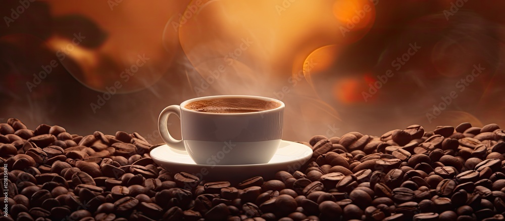 Poster cup of steaming coffee on a mound of dark roasted beans with warm orange background highlighting ric