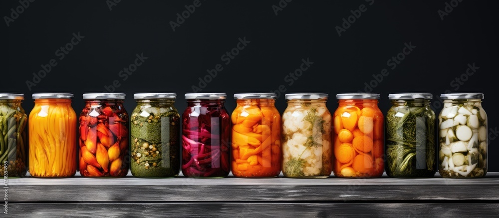 Poster Colorful array of pickled vegetables in glass jars lined on a gray wooden shelf with dark background creating ample negative space for text.
