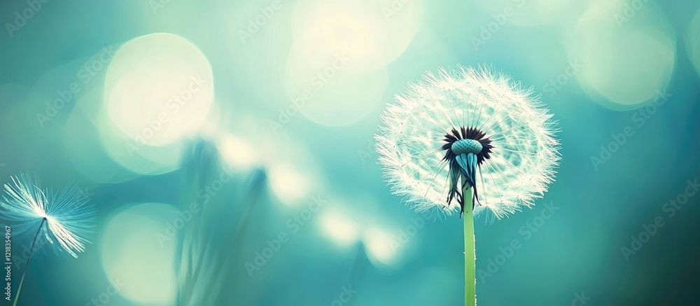 Poster Delicate dandelion with soft white seeds against a soft blue background captured in macro view highlighting nature's intricate beauty