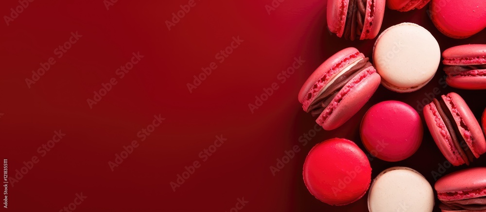 Poster Colorful assortment of pink white and red macarons arranged on a deep red background creating an inviting dessert display