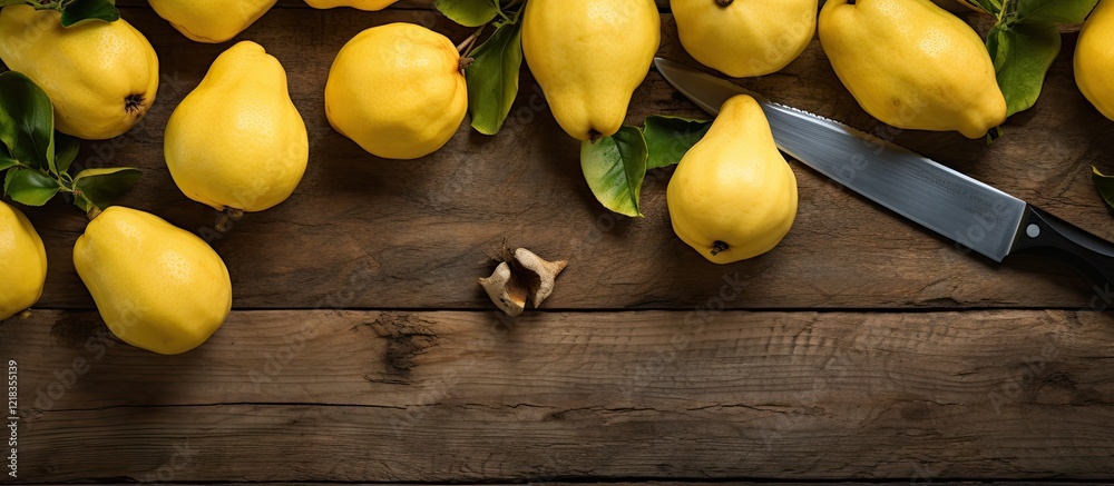 Poster ripe yellow quince fruits arranged neatly on a white wooden table with a knife positioned alongside 