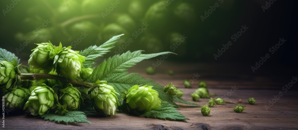 Poster close up of vibrant green hop twigs and cones resting on a rustic wooden surface with a soft blurred