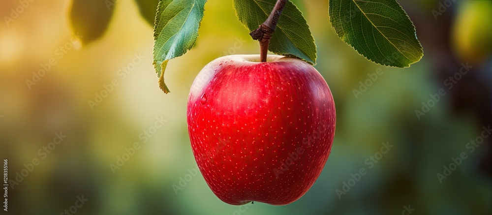 Poster close up of a bright red ripe apple hanging from a green leafy branch with a soft blurred garden bac