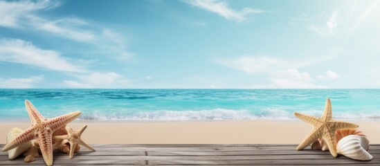 Fototapeta premium Rustic wooden beach pier with starfish and seashells in foreground, vibrant turquoise sea and bright sky in background, perfect summer getaway scene