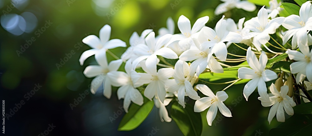 Poster close up of white jasmine flowers on lush green foliage with bokeh background highlighting delicate 