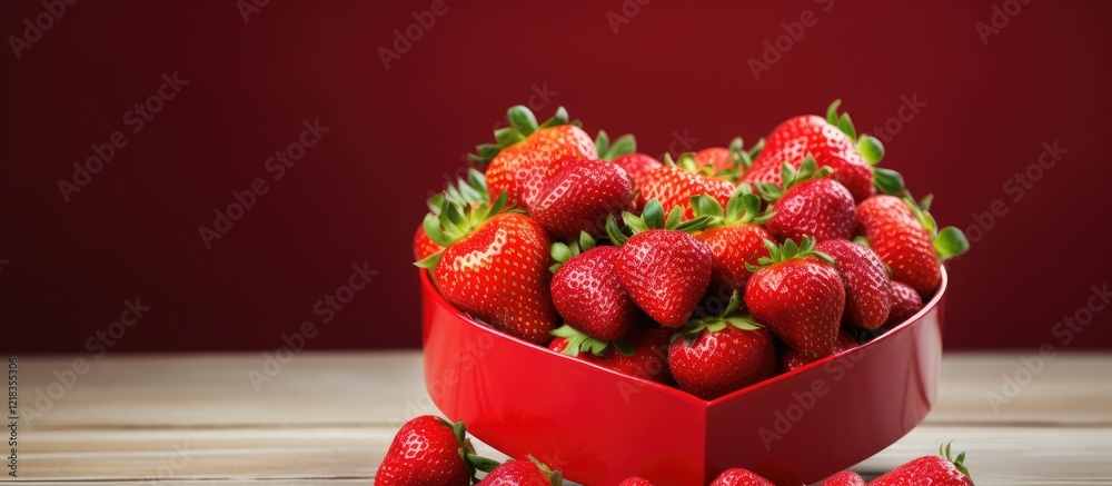 Aufkleber fresh strawberries arranged in a vibrant red heart-shaped bowl on a wooden table with a deep red bac