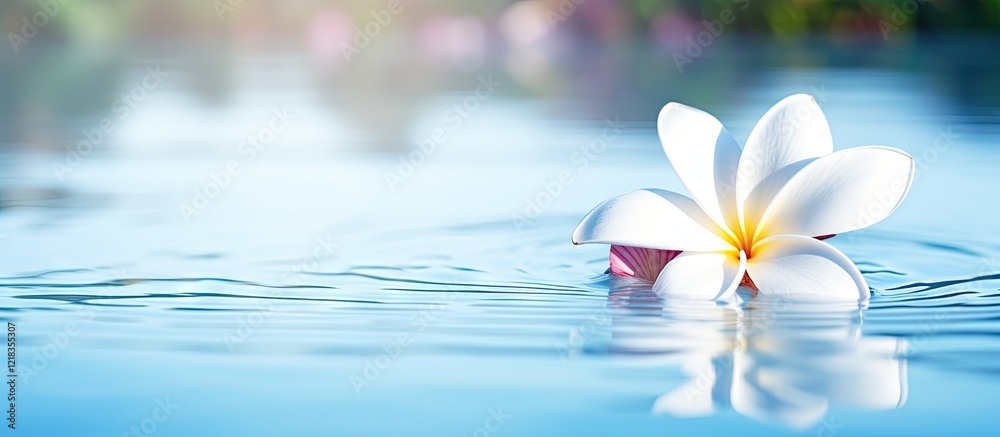 Aufkleber serene summer scene featuring a white plumeria flower with yellow center floating on a tranquil clea