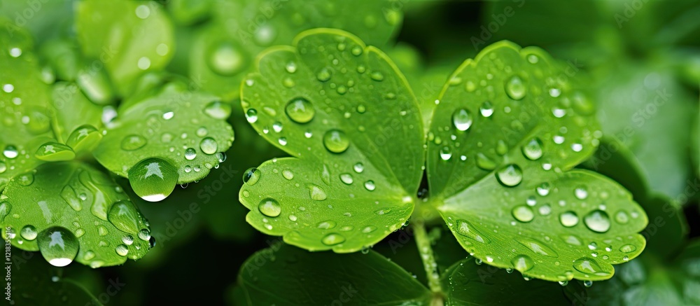 Poster fresh bright green clover leaves embellished with glistening dew droplets on the left side with ampl