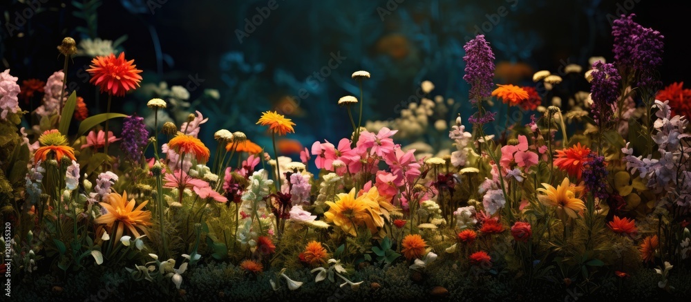 Poster vibrant multicolored flowers including pinks, yellows, and reds in a lush green background with soft