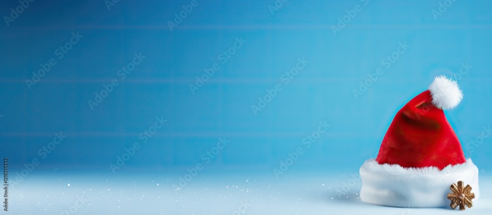 Aufkleber Red Christmas hat with white fur trim placed on a soft blue gradient background creating a festive winter atmosphere with space for text.