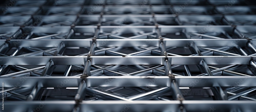 Fototapete Structured steel lattice tray with intricate gray patterns and ample copy space, featuring a close-up perspective highlighting its depth and texture.
