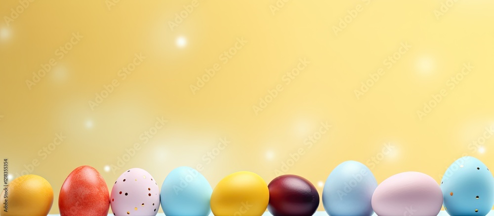 Poster Colorful Easter eggs arranged in a row with a soft yellow background and sparkling light effects creating a festive spring atmosphere.