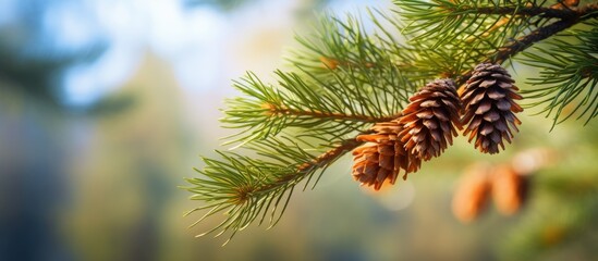 Close up of European Larch sprig with pine cones on the left side, blurred forest background in soft green and blue tones, ample copy space on right