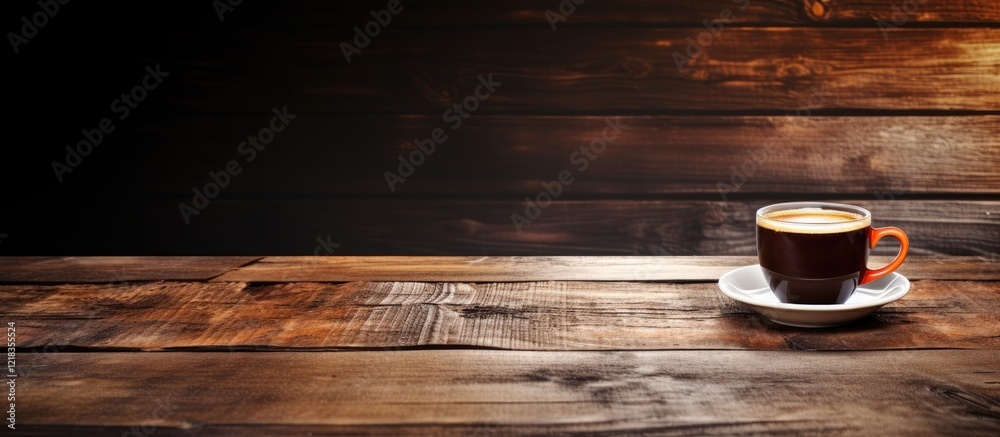 Leinwandbilder rustic wooden table with a brown coffee cup and saucer on the right side against a dark background h