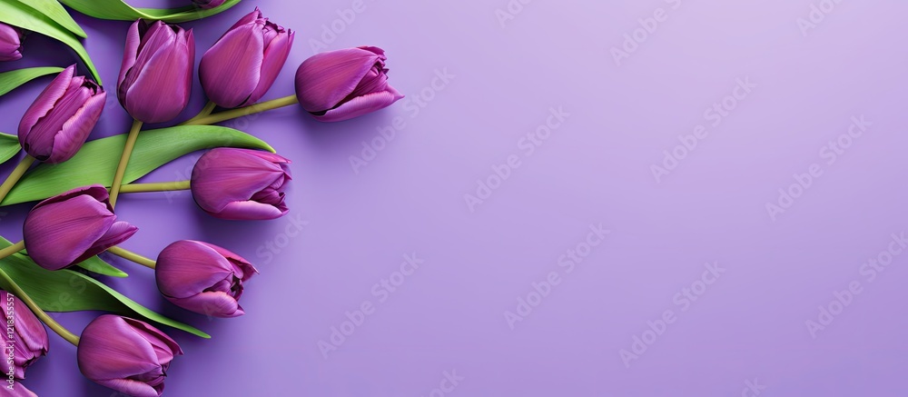 Poster purple tulips arranged on a soft lavender background with green leaves positioned to the left creati
