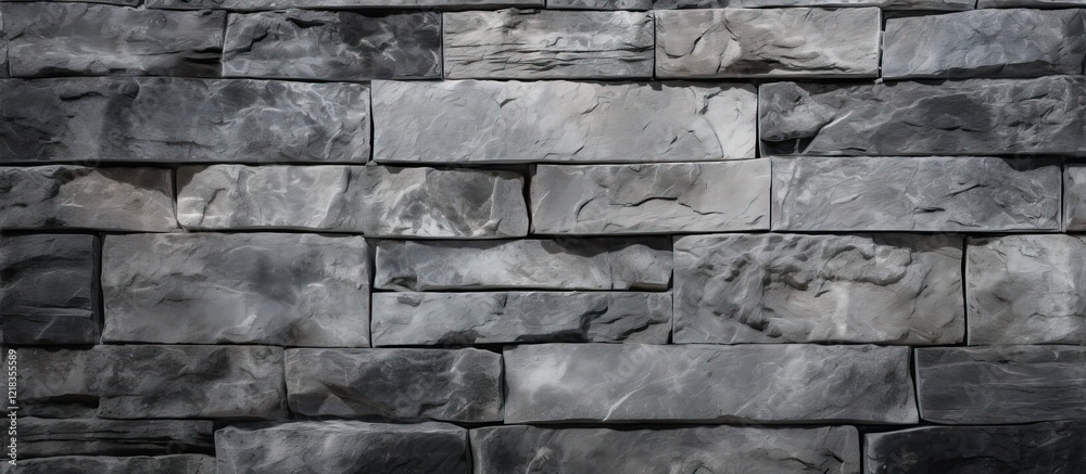 Poster Textured grey stone wall close up with rough patterns and unique surface variations arranged in rectangular shapes suitable for background design.