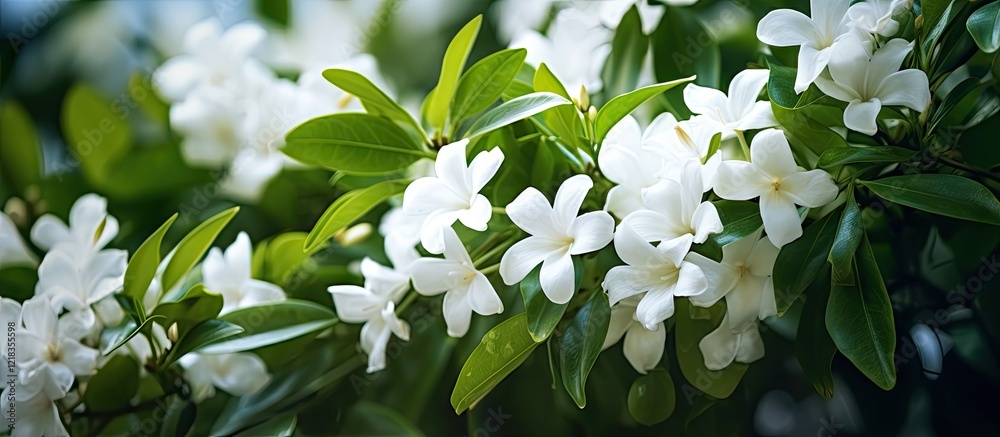 Poster Close up of white jasmine flowers with lush green leaves on a blurred background, creating ample copy space for additional elements.