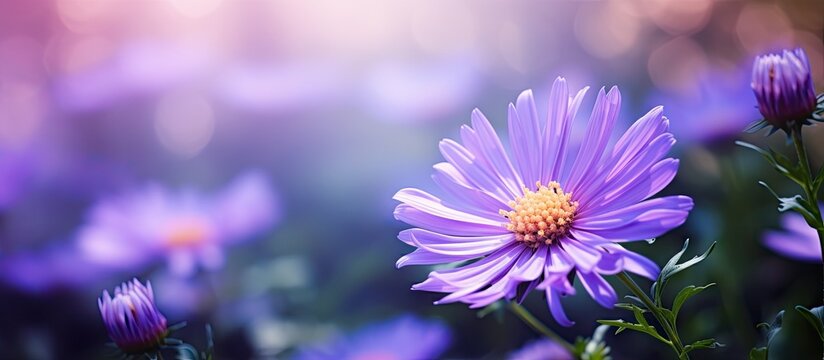 Purple aster flower in full bloom with vibrant petals and a golden center against a softly blurred pastel garden background ideal for copy space