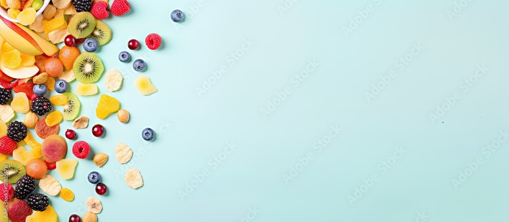Poster Colorful array of assorted fruit cereals on a pastel blue background with space for text on the right highlighting vibrant colors and textures.