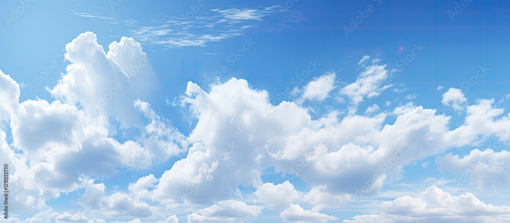 Poster bright blue sky with fluffy white clouds scattered across the upper half; ample negative space for t