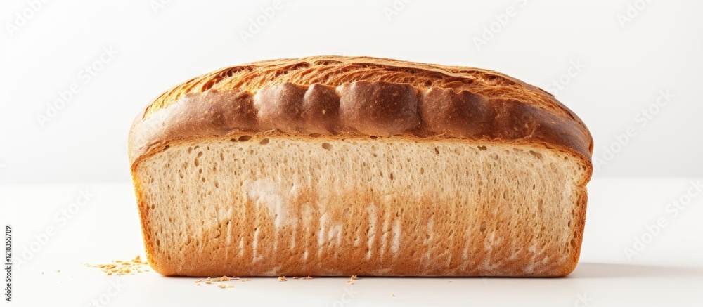 Poster freshly baked golden brown loaf of bread centered on a white background with space for text or desig
