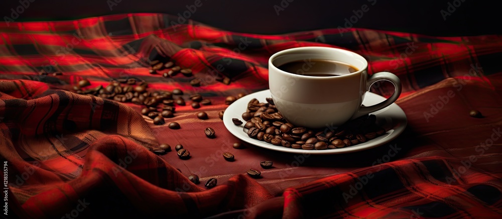 Poster checkered fabric in red and black draped with a coffee cup on a white saucer, surrounded by coffee b