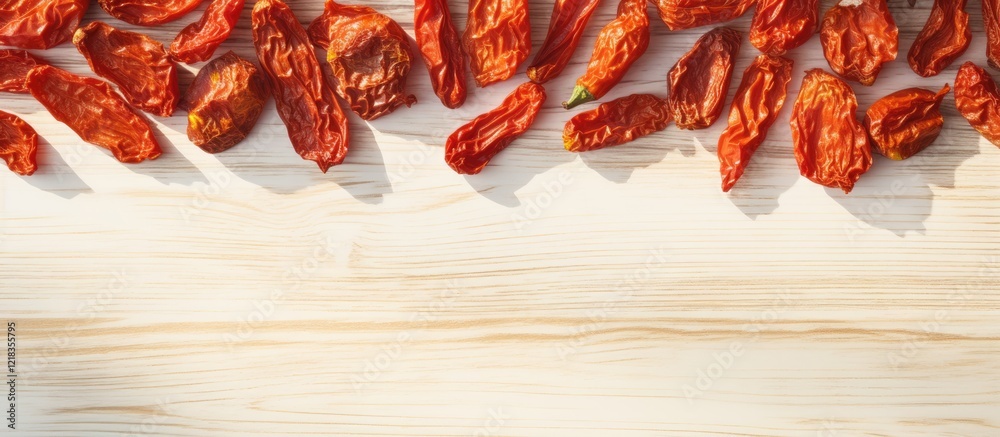 Aufkleber sun-dried whole tomatoes scattered on a light wooden table, casting soft shadows, with ample copy sp