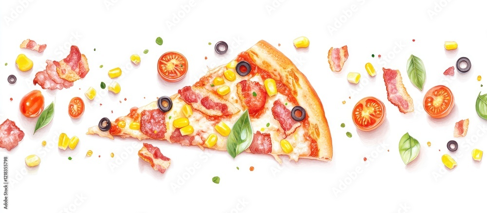 Poster colorful pizza slice topped with bacon cherry tomatoes corn and olives on a white background with sc