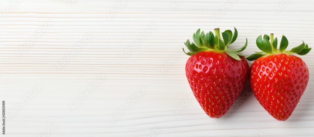 Poster Fresh red strawberries on a white wooden table background, positioned on the right side with ample copy space for text or branding.