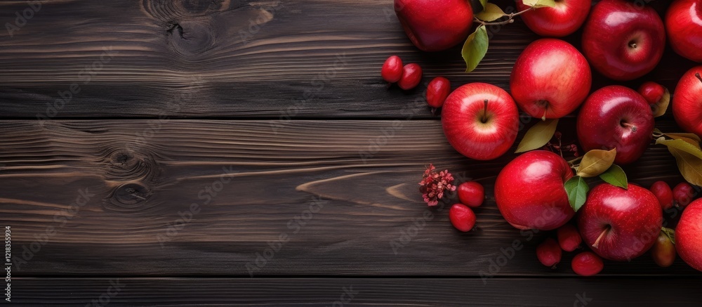 Poster red apples arranged on a dark wooden background in a flat lay composition with green leaves and ampl