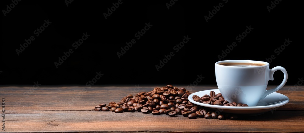 Poster coffee cup filled with dark coffee placed on left side on wooden table with scattered coffee beans o