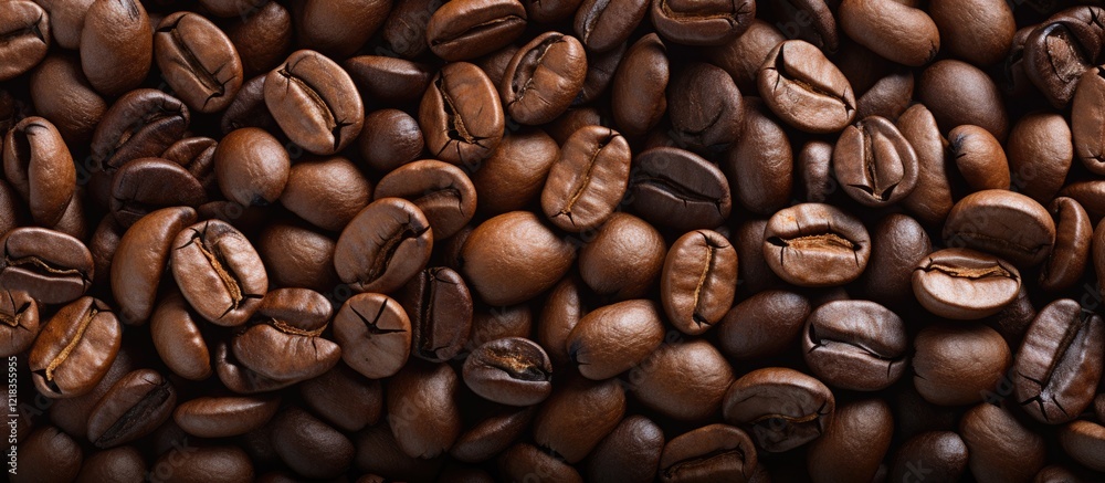 Poster Rich dark coffee beans scattered across a white background with ample copy space for text placement creating a clean and inviting composition