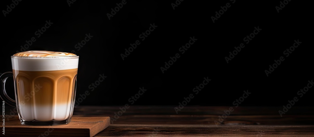 Aufkleber warm latte in a clear glass on a wooden table, creamy layers with foam, dark background creating a c