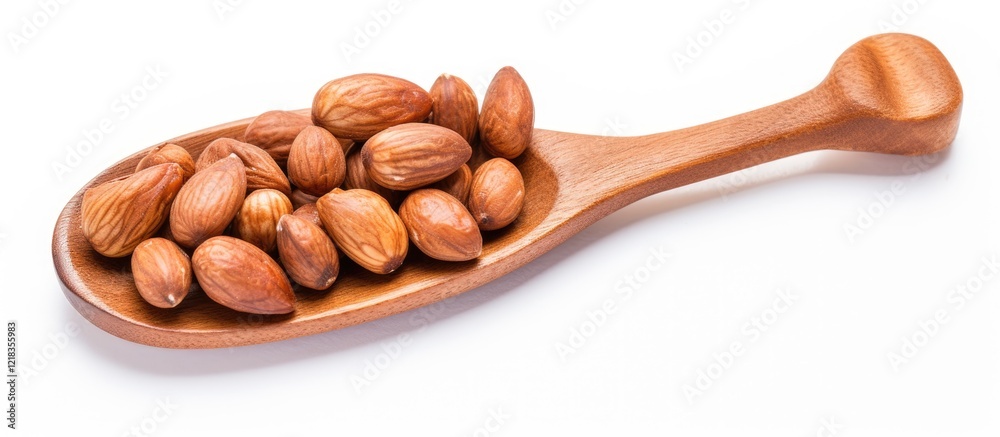 Poster rustic wooden spoon filled with assorted macedonian nuts placed centrally on a clean white backgroun