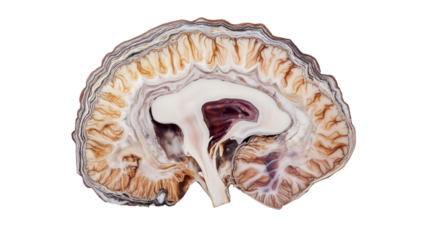 Cross-section of a human brain showcasing intricate structures. Perfect for educational and medical illustrations on neuroscience.