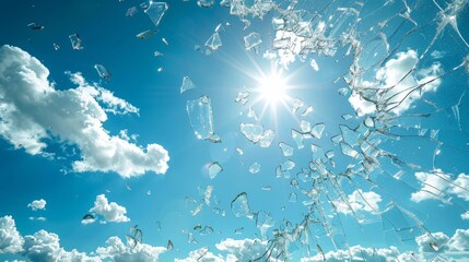 Shattered Glass Fragments Against a Vibrant Blue Sky with Fluffy White Clouds and Radiant Sun
