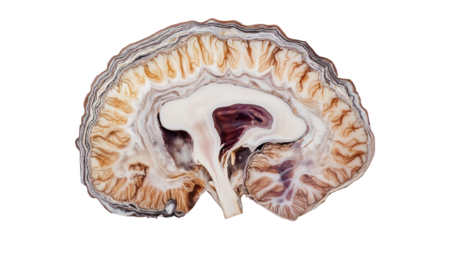 Cross-section of a human brain showcasing intricate structures. Perfect for educational and medical illustrations on neuroscience.