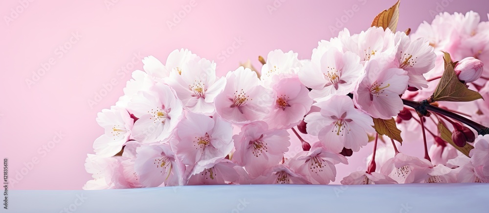 Poster Delicate sakura flowers in soft pink tones cascading along the bottom against a smooth pastel pink backdrop creating a serene spring vignette