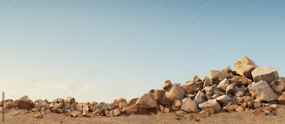 Poster Natural landscape with light blue sky and a large pile of rocks in the foreground creating a rustic charm and ample copy space for design use.