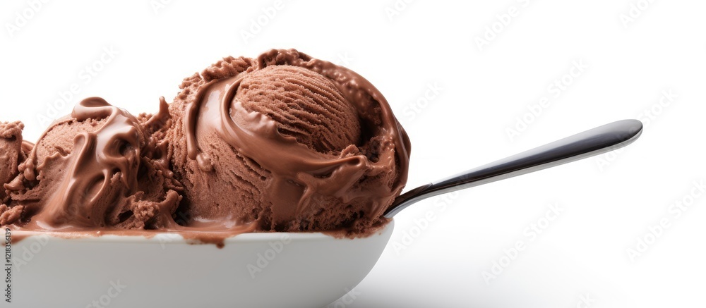 Poster close up view of a creamy scoop of dark chocolate ice cream in a white bowl with a silver spoon agai