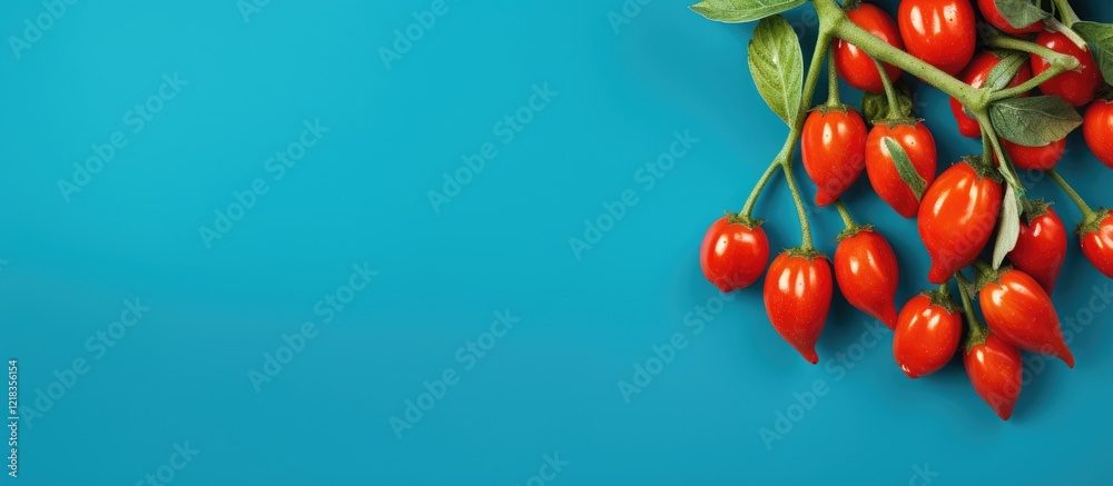 Poster vivid cluster of mini paprika peppers in bright red positioned on the left against a striking turquo